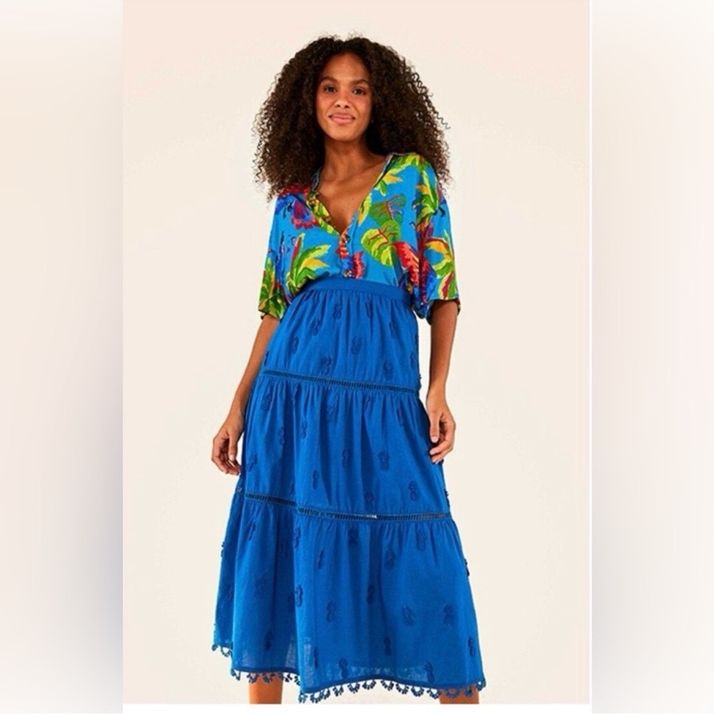 FARM Rio Blue 3D Pineapple Embroidered Midi Skirt Pom Pom Hem A-Line Size S NEW